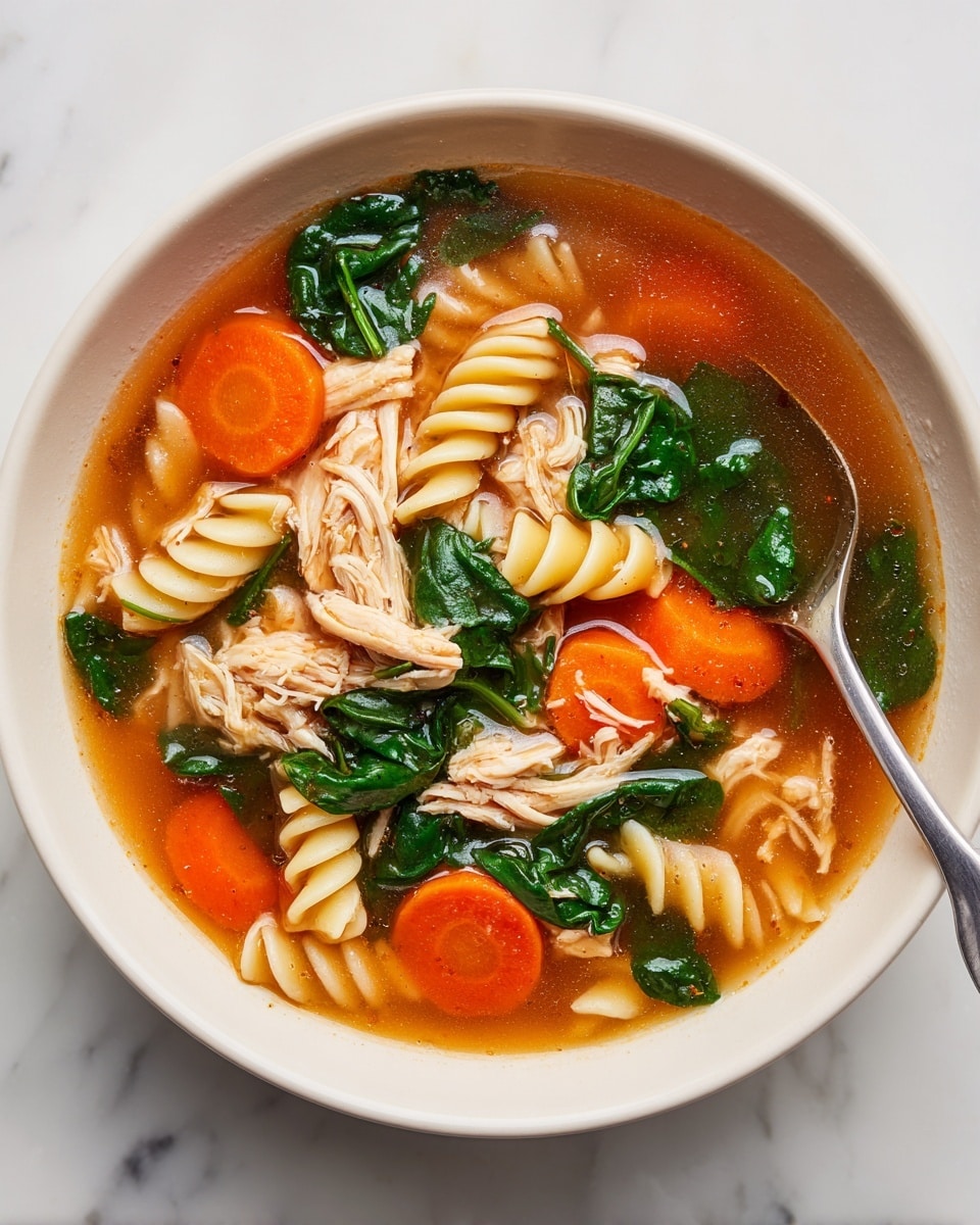 A white bowl filled with a warm soup showing several layers of ingredients: bright orange carrot slices, tender shredded chicken in light brown, small spiral pasta pieces in pale yellow, and fresh dark green spinach leaves floating on top in a reddish-orange broth. A silver spoon rests inside the bowl on the right side. The bowl is placed on a white marbled surface. Photo taken with an iphone --ar 4:5 --v 7