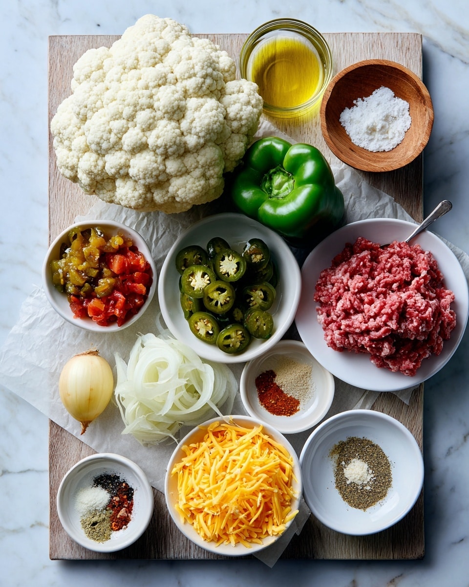 A bunch of fresh ingredients are spread out on a light wooden table with a white marbled texture underneath a grayish cutting board. In the center, a whole white cauliflower and a green bell pepper rest side by side on the cutting board. Around them, several small white dishes hold different items: sliced green jalapeños, grilled diced tomatoes in a sauce, shredded bright yellow cheddar cheese, and a mix of ground spices (salt, oregano, chili powder, and cumin). There is also a peeled yellow onion, minced garlic in a small wooden bowl, a small clear container of olive oil, and a white plate with raw ground meat on top of brown parchment paper. The light is bright and natural, showing the colors and textures clearly. Photo taken with an iphone --ar 4:5 --v 7