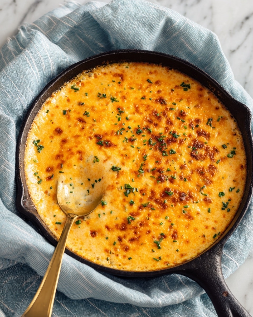 A black cast iron skillet filled with a thick, creamy orange cheese sauce topped with melted cheese that has a golden brown crust. There are small bits of green herbs sprinkled evenly on top for color contrast. A golden spoon rests inside the skillet, slightly sunk into the cheese, showing its thick texture. The skillet is placed on a soft, light blue cloth with white stripes, all set on a white marbled surface. photo taken with an iphone --ar 4:5 --v 7