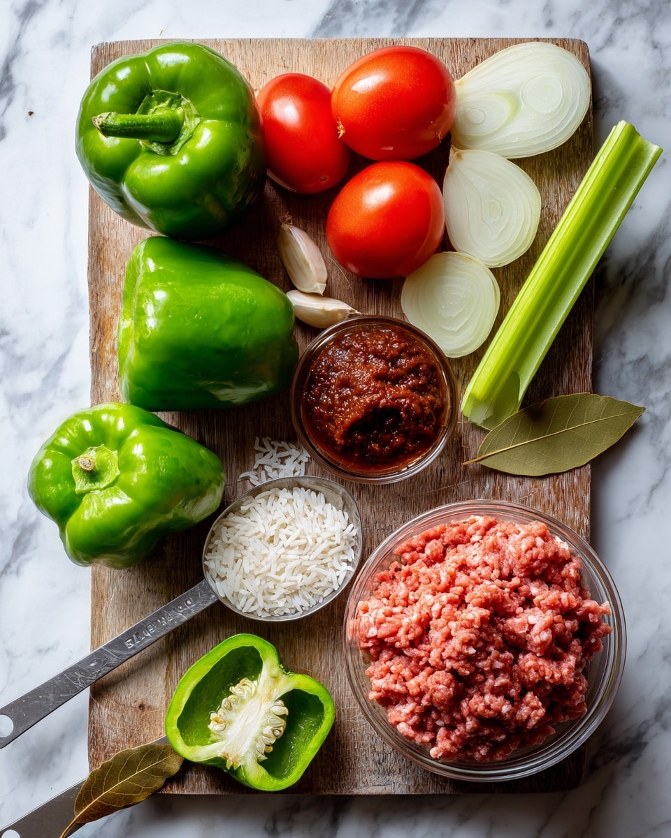The image shows a wooden board on a white marbled surface filled with fresh ingredients for cooking. On the left side, there are three whole green bell peppers with shiny, smooth skin and three green bell pepper halves showing their light green inner texture and seeds. In the middle, there are several bright red tomato pieces, some whole garlic cloves, and a long celery stalk placed horizontally near the top. There are three measuring spoons on the board: one holds white rice grains, another has red tomato paste, and the third contains a dark brown thick paste. On the bottom right, a clear plastic container is filled with raw ground meat showing a rough texture in red shades. Two onion halves with pale yellow layers are placed near the top right corner, and a dried bay leaf is positioned between the onion and measuring spoons. Photo taken with an iphone --ar 4:5 --v 7