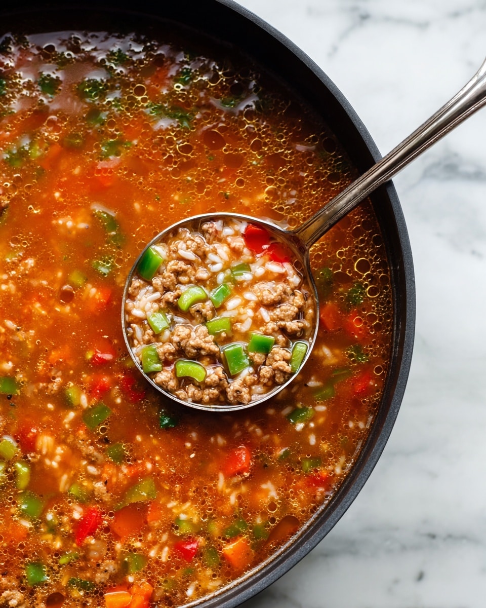 A close-up of a large black pan filled with soup showing many small pieces of green bell pepper, cooked ground meat, rice, and small bits of onions and carrots floating in a reddish-orange broth with oil bubbles on top. A metal ladle on the right side scoops some of the soup, showing the chunky ingredients clearly. The pan sits on a white marbled surface. Photo taken with an iphone --ar 4:5 --v 7