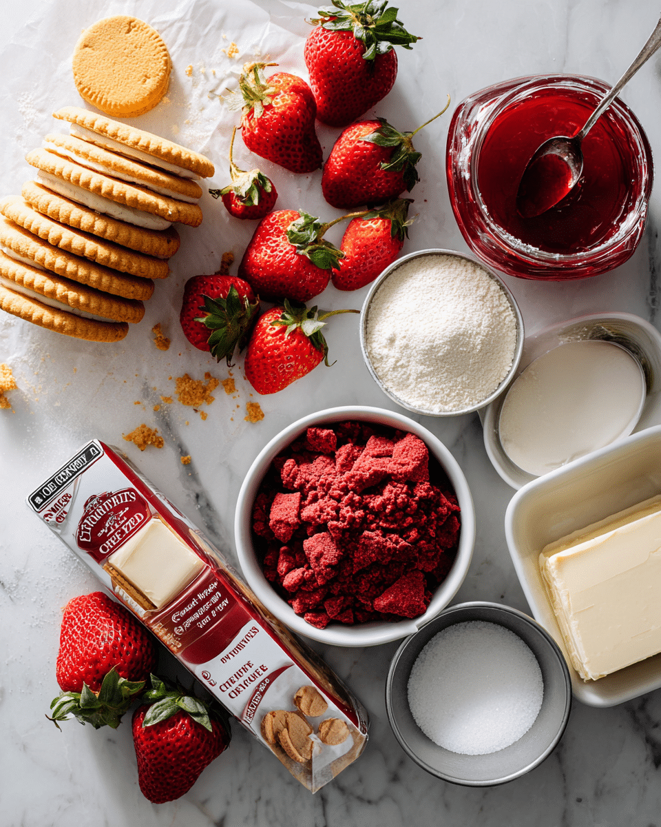 The image shows ingredients for a strawberry cheesecake arranged on a white marbled surface. There is a layer of golden yellow sandwich cookies stacked in the top left corner, with some crumbs scattered nearby. Fresh red strawberries with green tops are placed around the scene, with a glass jar of bright red strawberry jam and a spoon inside it near the top right. Below the cookies is a white bowl filled with freeze-dried strawberries, deep red and textured. A silver box of Philadelphia cream cheese lies horizontally in the middle, and a white box of gelatin powder is angled near it. Near the bottom right, there is a white bowl of granular white sugar, and next to it a stick of pale yellow butter partly unwrapped. Two empty white cake pans are positioned at the top right and bottom left corners. photo taken with an iphone --ar 4:5 --v 7
