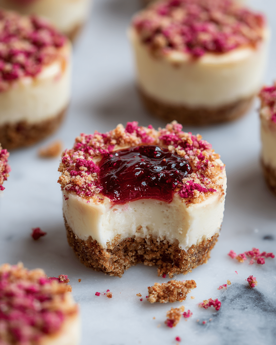 The image shows small round cheesecake bites on a white marbled surface. Each cheesecake bite has three layers: the bottom layer is a crumbly light brown crust, the middle layer is a smooth, creamy white cheesecake, and the top has a dollop of bright red jam on the center, surrounded by crumbled pinkish-red topping sprinkled all over. One cheesecake bite is slightly broken, revealing the red jam inside the creamy layer. The scene focuses closely on the texture and colors, with soft natural light. photo taken with an iphone --ar 4:5 --v 7