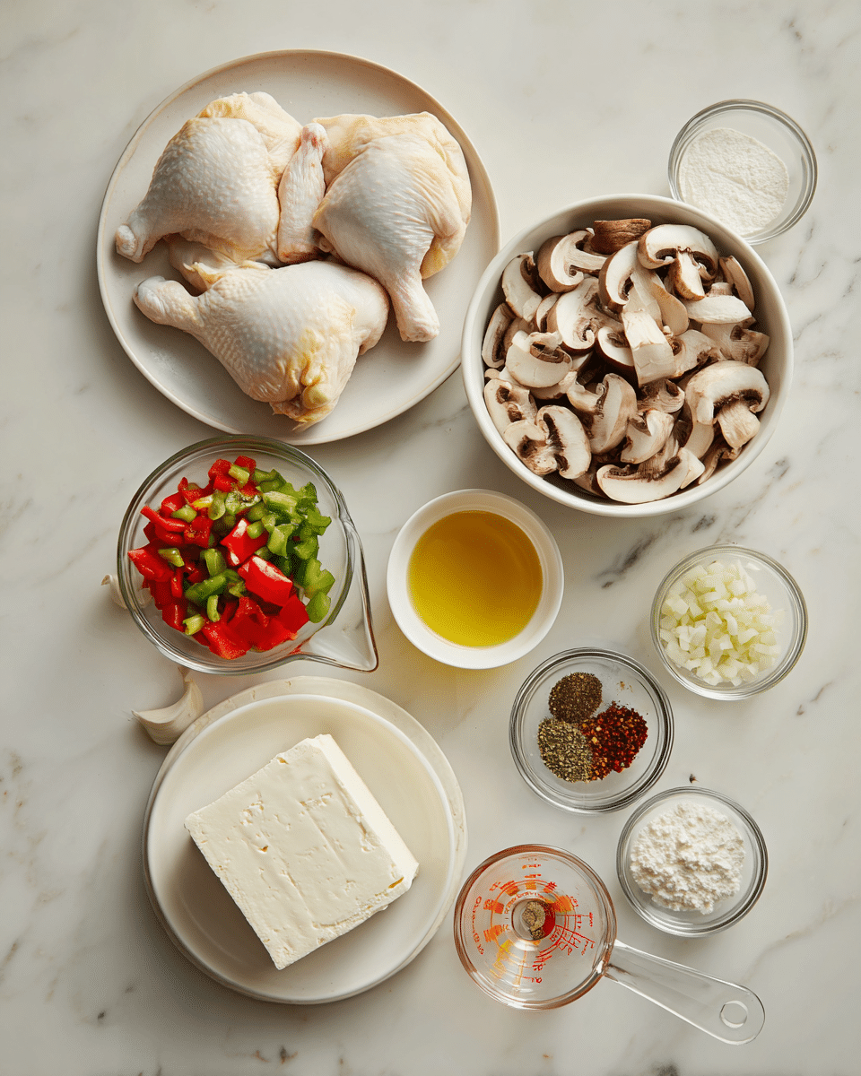 The image shows various cooking ingredients arranged neatly on a white marbled surface. In the top left, two raw chicken pieces rest on a white plate; below it and slightly right is a bowl filled with sliced mushrooms in light and dark brown shades. To the right of the mushrooms, a small white bowl holds light yellow olive oil. Below this, a white plate contains a block of white cream cheese. Scattered around are small glass bowls with different ingredients: one has chopped white onions, another has chopped red and green bell peppers, a tiny bowl has minced garlic, and others contain white flour, clear broth in a glass measuring cup with orange markings, and mixed spices with red, green, black, and white colors. This setup is clean and organized, capturing the raw colors and textures of fresh ingredients, photo taken with an iphone --ar 4:5 --v 7