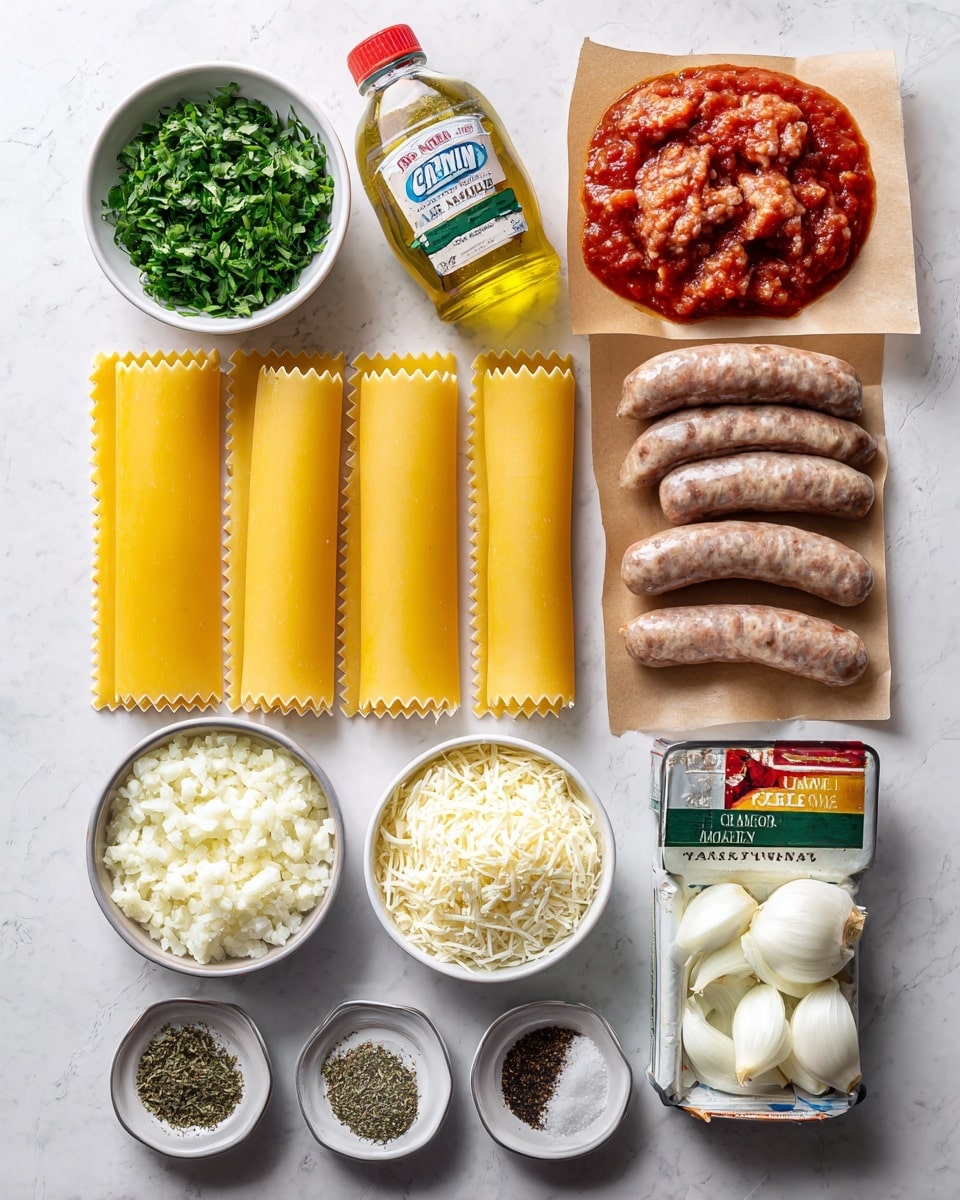 The image shows ingredients for a lasagna recipe laid out neatly on a white marbled surface. There are eight uncooked yellow lasagna noodles with ridged edges, arranged side by side near the center left. Above them is a small white bowl filled with fresh chopped green herbs. Below it is another small white bowl with minced garlic. To the right of the noodles, there are five uncooked sausage links on brown paper. Above the sausage is a glass bottle of olive oil and two cans of crushed tomatoes. Below the sausage is a carton of heavy cream. Near the bottom, from left to right, there are three small bowls: one with grated parmesan cheese, another with shredded mozzarella cheese, and a third with chopped white onions. Between the cheeses and onions are three small spice jars labeled black pepper, salt, and Italian seasoning, along with a small dish containing dried Italian herbs. The photo taken with an iphone --ar 4:5 --v 7