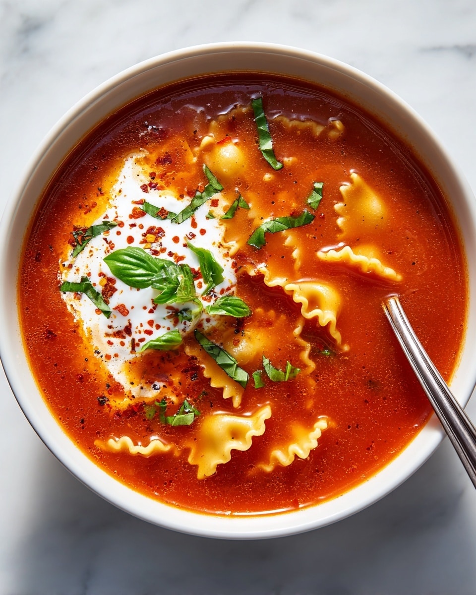 A white round bowl filled with a rich, red tomato soup with wavy pasta pieces floating inside. On the left side of the soup, there is a dollop of white cream sprinkled with red chili flakes and a few fresh green basil leaves on top. A spoon rests inside the bowl on the right side, slightly dipping into the soup. The bowl sits on a white marbled surface, and soft natural light highlights the textures of the soup and pasta. photo taken with an iphone --ar 4:5 --v 7