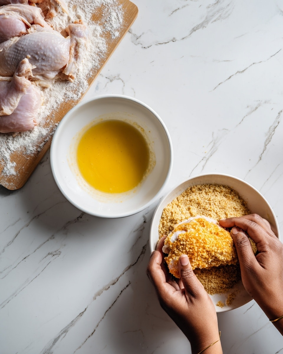 The image shows a food preparation scene on a white marbled surface with a cutting board holding raw chicken pieces at the top left. On the left, there is a white bowl with a raw chicken piece inside a yellow beaten egg mixture. On the right, a woman's hands are holding a breaded chicken piece above a white bowl filled with breadcrumbs. The chicken piece is coated with breadcrumbs and the scene highlights the process of breading the chicken. Photo taken with an iphone --ar 4:5 --v 7
