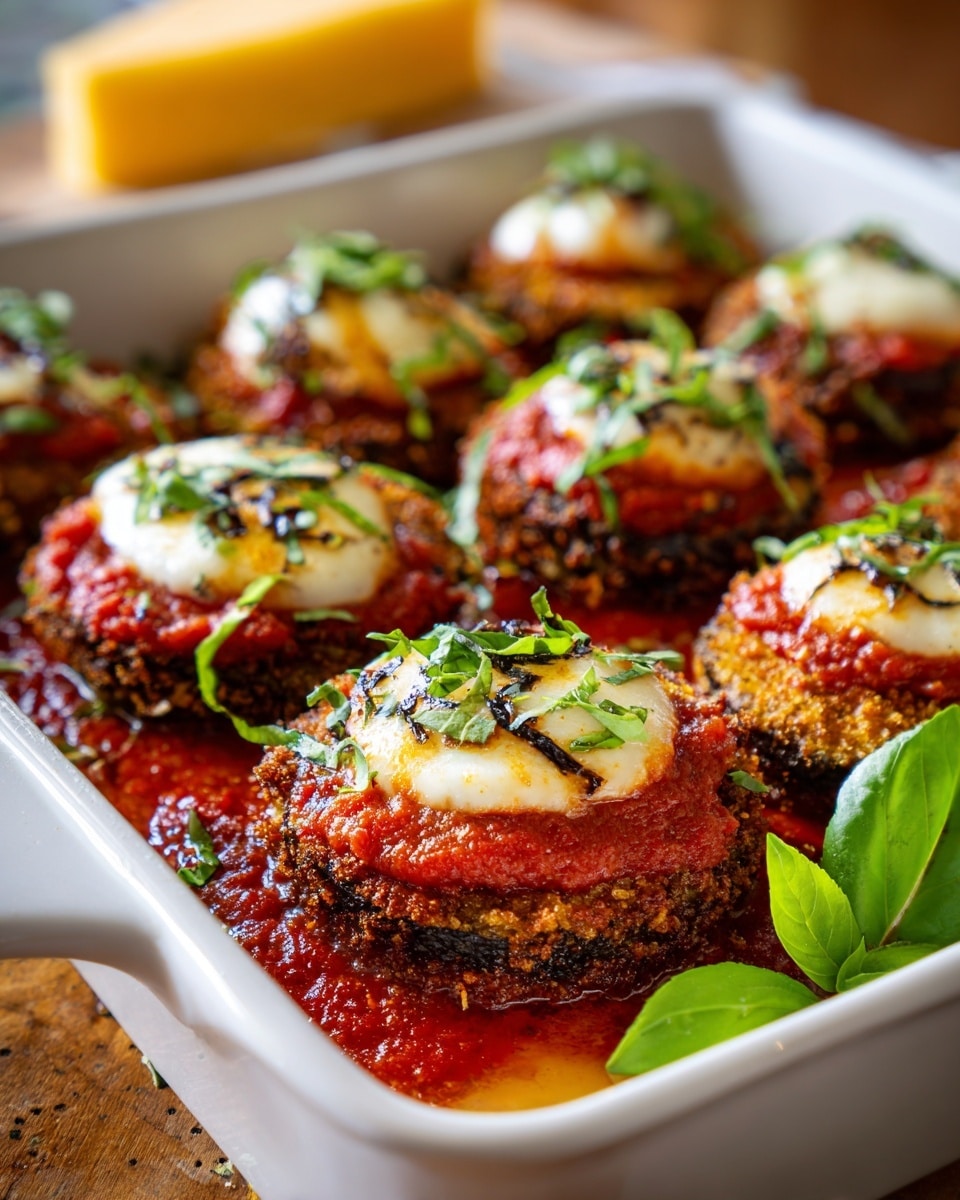 In a white baking dish, there are several pieces of fried food stacked in layers. The bottom layer is crispy and brown with a crunchy texture. Each piece is topped with a bright red tomato sauce layer that looks thick and smooth. On top of the sauce, there is a melted white cheese layer that is slightly browned and bubbly. Small pieces of chopped green herbs are sprinkled over the cheese and sauce layers. A few whole green leaves are placed at the bottom right corner of the dish. The dish is placed on a wooden table next to a piece of yellow cheese. The photo taken with an iphone --ar 4:5 --v 7