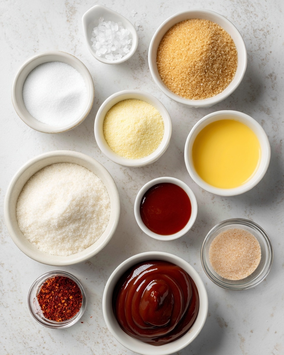 The image shows several small white bowls placed on a white marbled surface. Each bowl contains a different ingredient: one holds white granulated sugar, another has light brown sugar with a grainy texture, a third bowl contains a smooth yellow powder, and a fourth has a creamy white powder. There is a bowl with a thick red sauce that looks smooth and shiny, another bowl filled with a dark brown liquid that appears rich and glossy, and two small bowls contain red spices with fine texture. Also visible is a small glass container holding coarse salt crystals and a small glass bowl with a light brown powder. Everything is neatly arranged, creating a clean and organized look. photo taken with an iphone --ar 4:5 --v 7