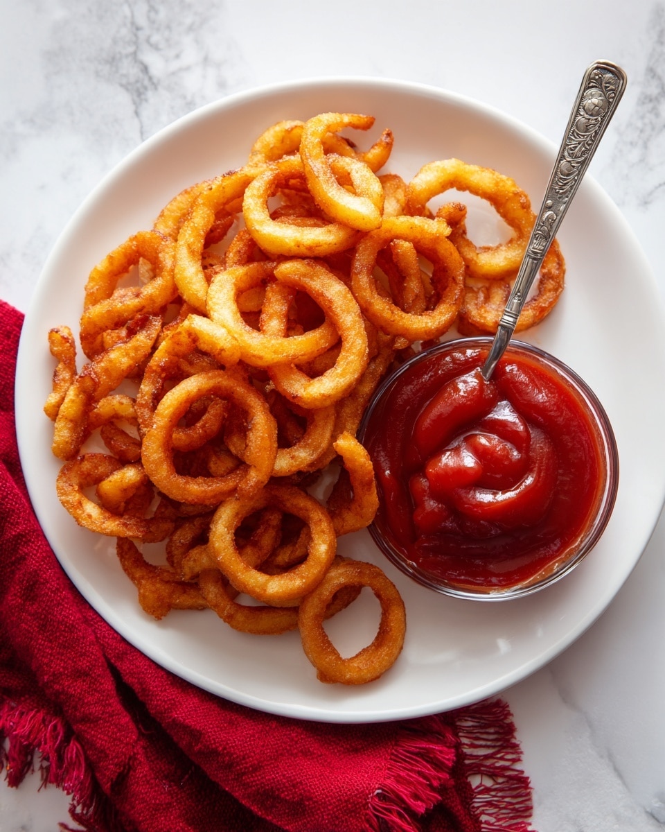 A white plate holds many golden curly fries arranged in a loose pile around a small clear glass bowl filled with bright red dipping sauce. The sauce has a smooth, shiny surface with a slim trail dripping down the side of the bowl. A silver vintage-style butter knife with detailed designs is dipped into the sauce, resting inside the bowl. The plate sits on a white marbled surface, and a red cloth with frayed edges is folded and placed near the plate’s side. photo taken with an iphone --ar 4:5 --v 7