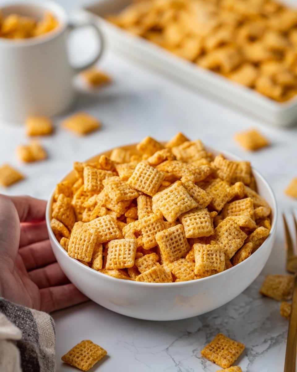 A white bowl filled with golden, square-shaped cereal pieces with a textured pattern on top, placed on a white marbled surface. Behind the bowl, a white tray also holds the same cereal pieces, with a few cereal pieces scattered on the surface around the bowl. A woman's hand is seen holding the bowl from the side. The scene is bright with clear details showing the cereal's crunchy texture and warm color. Photo taken with an iphone --ar 4:5 --v 7