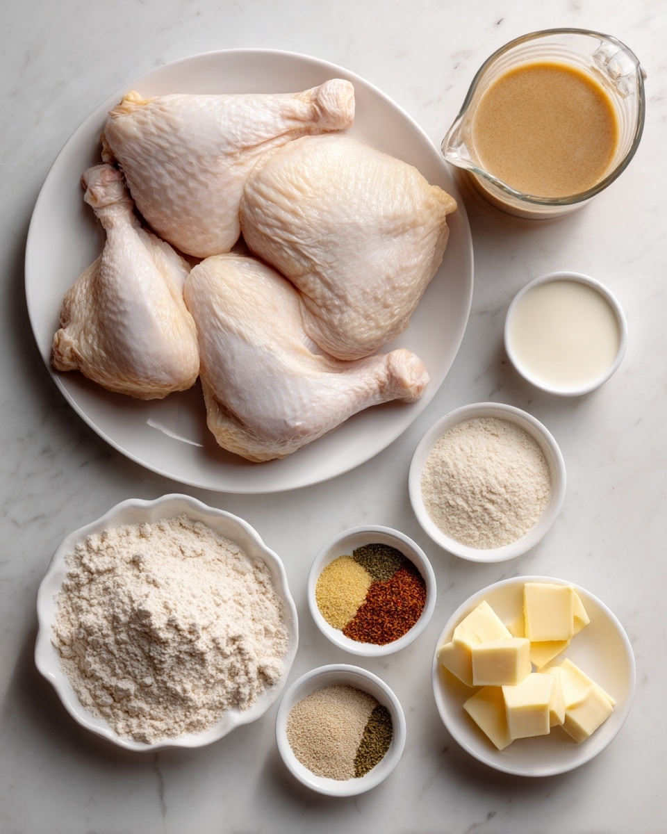 The image shows four raw chicken pieces laid flat on a white plate positioned in the upper left. To the right of the plate is a small clear glass pitcher filled with light brown broth. Below the plate and pitcher, there are eight small white dishes arranged in a loose grid with various ingredients: at the top left, a dish with light beige flour; to its right, a dish holding four spices in separate piles—light yellow, white, black pepper, and reddish-brown; next is a bowl with white creamy sauce. Below these, from left to right, are smaller dishes containing white powder, light yellow oil, light yellow powder, two pale butter cubes, and finely chopped pale yellow garlic. All items are placed on a white marbled surface. photo taken with an iphone --ar 4:5 --v 7