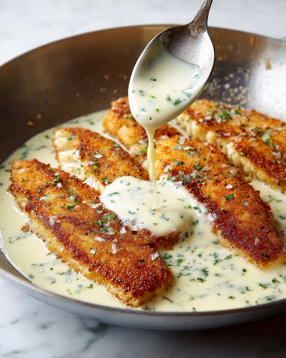 The image shows four pieces of golden brown fish fillets laid flat in a pan, with a creamy white sauce being poured over them from a spoon. The fish fillets have a crispy texture with visible seasoning and small green herb pieces sprinkled on top. The white sauce looks smooth with small specks of herbs, covering parts of the fish and pooling around them. The background surface is white marble, adding a clean contrast to the warm colors of the dish. Photo taken with an iphone --ar 4:5 --v 7