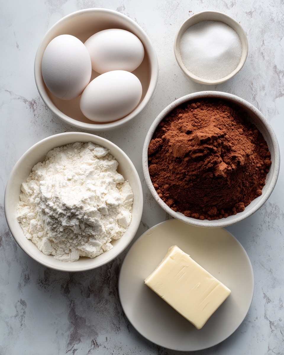 The image shows five white eggs in a white bowl, a white bowl filled with powdered white flour, a white bowl with granulated white sugar, a white bowl with a large block of butter on a small white plate, and a large white bowl filled with brown cocoa powder. All the bowls and plate sit on a flat surface with a white marbled texture. The items are arranged neatly and spaced apart, with no other objects in the frame. photo taken with an iphone --ar 4:5 --v 7