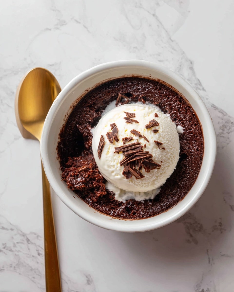 A white bowl filled with a dark brown rich chocolate dessert at the bottom layer, showing a moist and slightly chunky texture. On top of this, there is a smooth, round scoop of white vanilla ice cream slightly melting into the chocolate. Scattered over the ice cream are small thin shavings of dark chocolate adding a touch of contrast. The bowl is placed on a white marbled surface, next to a shiny golden spoon. photo taken with an iphone --ar 4:5 --v 7