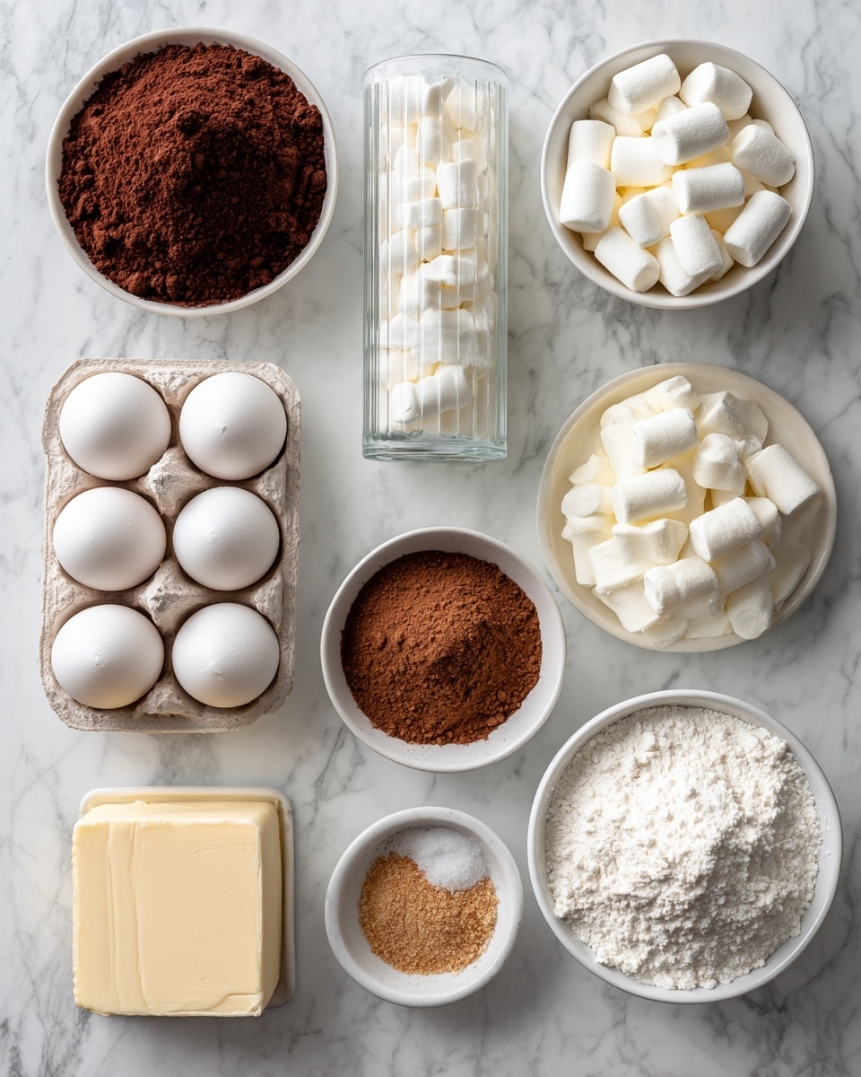 The image shows a white marbled surface with various baking ingredients arranged neatly. At the top left, there is a bowl filled with dark brown chocolate powder. Next to it on the right, a small white bowl holds mini white marshmallows. Below that, a tall glass container holds white sugar. At the center left, there is a carton holding six white eggs. To the right of the eggs is a small white bowl with brown sugar, and above it, a small container with a white powder, likely salt. Next to the powdered container, there is a rectangular block of beige-colored butter. At the bottom left, a small bowl has light brown cocoa powder, while a large bowl at the bottom right contains white flour. The ingredients are all placed on a smooth white marbled surface. Photo taken with an iphone --ar 4:5 --v 7