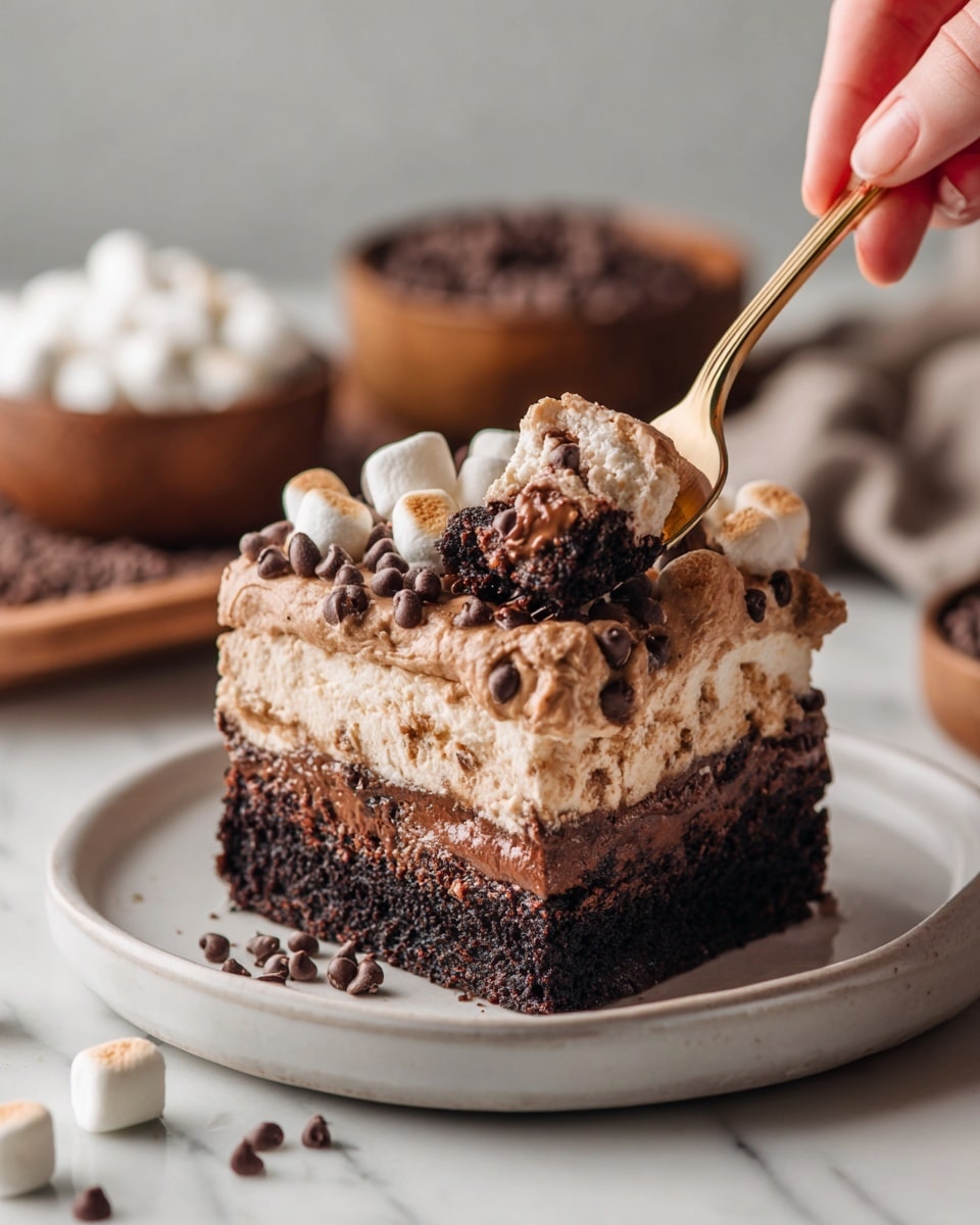 A square piece of chocolate cake sits on a round white plate on a white marbled surface. The cake has three visible layers: the bottom layer is dark, moist chocolate cake, the middle layer is a thick layer of light brown cream with small chocolate chips scattered inside, and the top layer is light brown frosting covered with more mini marshmallows and sprinkled chocolate chips. A gold fork rests next to the cake with a small piece of cake on its tines, and a woman's hand is lifting the fork slightly. Behind the plate, there are two wooden bowls, one filled with mini marshmallows and the other with chocolate chips. Photo taken with an iphone --ar 4:5 --v 7