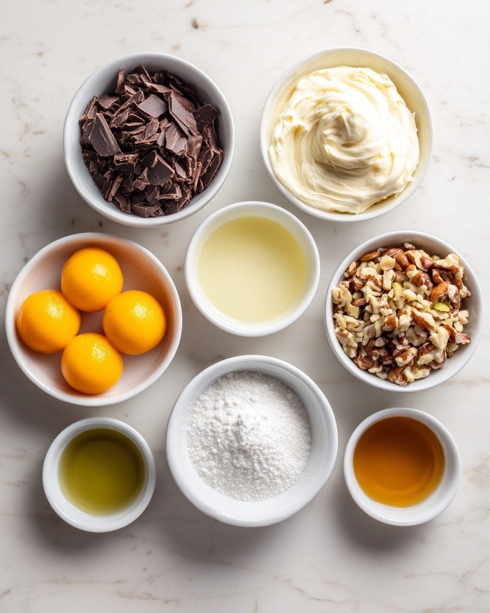 The image shows seven white bowls arranged on a white marbled surface. Starting from the upper left, there is a bowl filled with dark brown chopped pieces that look like chocolate. To its right, a bowl with a creamy off-white whipped mixture with a smooth texture. Next to that, a bowl holding a pale yellow liquid. On the lower left, a bowl contains three bright orange balls that are smooth and shiny. To the right of that, a bowl of fine white granulated sugar. Adjacent to it, a bowl with small chopped nuts in brown and light tan colors. Lastly, a small white bowl with a golden brown liquid, possibly syrup. There is another small white bowl with a greenish liquid in front of the nuts. photo taken with an iphone --ar 4:5 --v 7