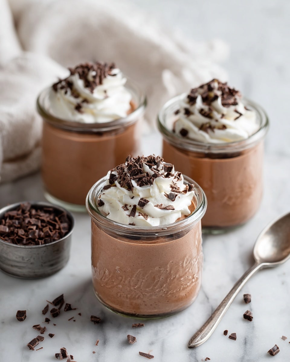 Three jars of smooth, light brown chocolate mousse sit on a white marbled surface. Each jar has a single layer of creamy chocolate mousse filling the glass, topped with a dollop of white whipped cream and dark chocolate curls scattered over the cream. The jars are clear glass with visible texture on the outside. There is a soft, blurred white cloth in the background, and a small metal container holds more chocolate curls nearby. A silver spoon lies beside the jars on the white marbled surface. Photo taken with an iphone --ar 4:5 --v 7