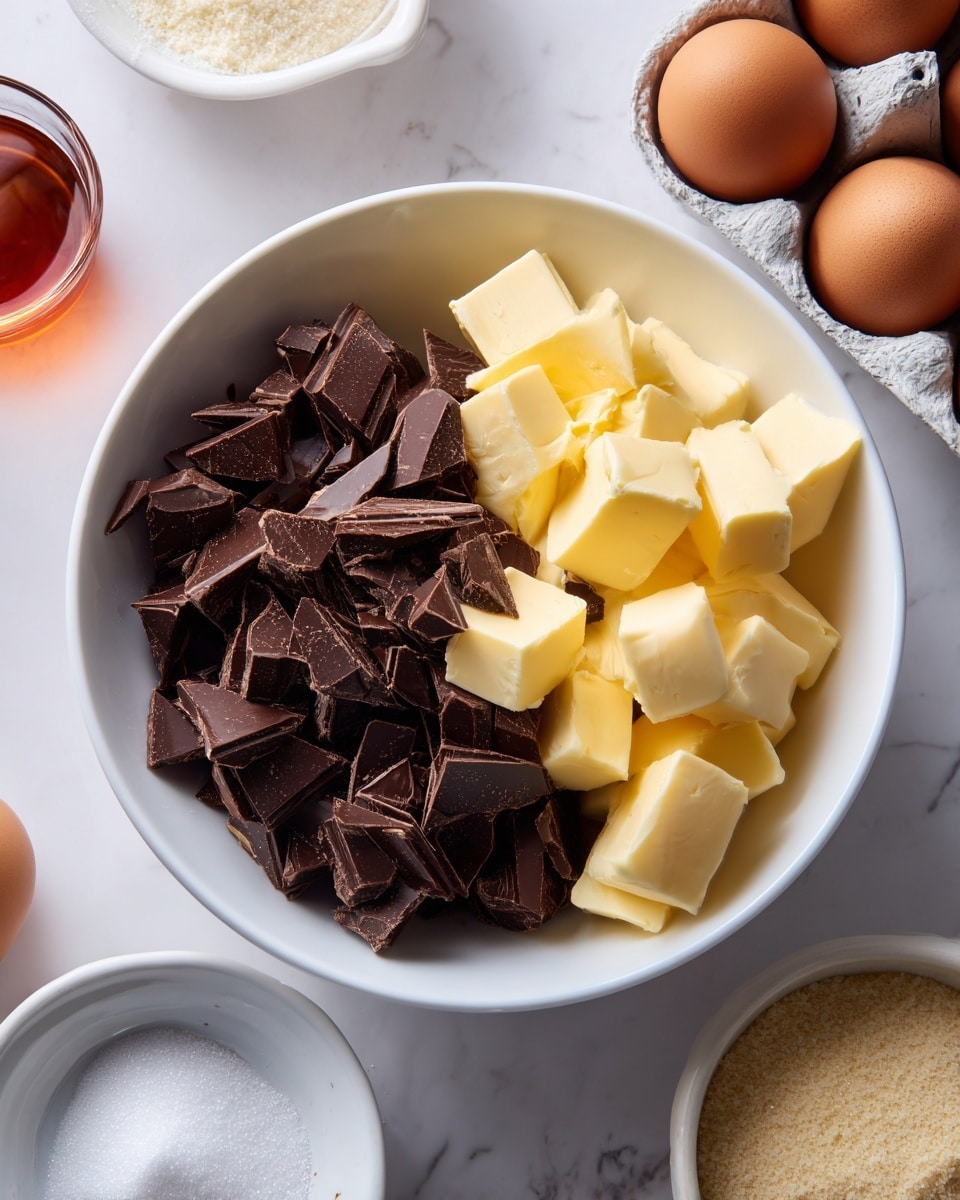 In a white bowl, there are two main layers: one side filled with dark brown chocolate chunks and the other side stacked with light yellow butter pieces, all placed on a white marbled surface. Around the bowl, you can see partial views of different ingredients, including brown eggs in a tray, a small glass container with a reddish-brown liquid, and two more white bowls—one with white sugar and the other with a light beige granular ingredient. The scene is softly lit, giving a clean and fresh kitchen look. Photo taken with an iphone --ar 4:5 --v 7