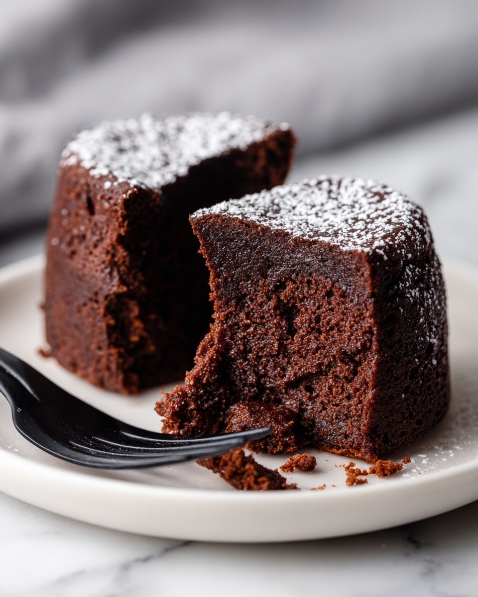 The image shows two pieces of dark chocolate cake on a white plate, placed on a white marbled surface. The cake has a soft and moist texture, with a deep brown color. One piece is whole and upright, and the other piece is slightly angled with a bite taken out, revealing the dense inside. Both pieces are dusted lightly with white powdered sugar on top, adding a contrast to the dark color of the cake. There are small cake crumbs scattered around the plate. A woman's hand is holding the cake with two black forks next to the pieces. Photo taken with an iphone --ar 4:5 --v 7