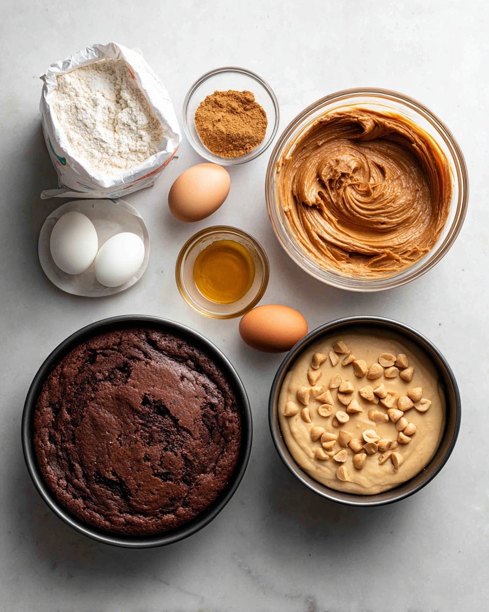 The image shows four photos arranged in a 2x2 grid on a white marbled surface. The top-left photo has baking ingredients including a white bag of flour, a glass measuring cup with brown sugar, a glass bowl with oil, two eggs, and a white jar of peanut butter. The top-right photo shows a glass bowl with smooth, light brown chocolate batter inside. The bottom-left photo shows a round black pan with a single, thick, dark chocolate cake layer with a slightly rough texture. The bottom-right photo shows a round black pan with a light beige dough spread inside, topped with scattered peanut butter pieces in different sizes. photo taken with an iphone --ar 4:5 --v 7