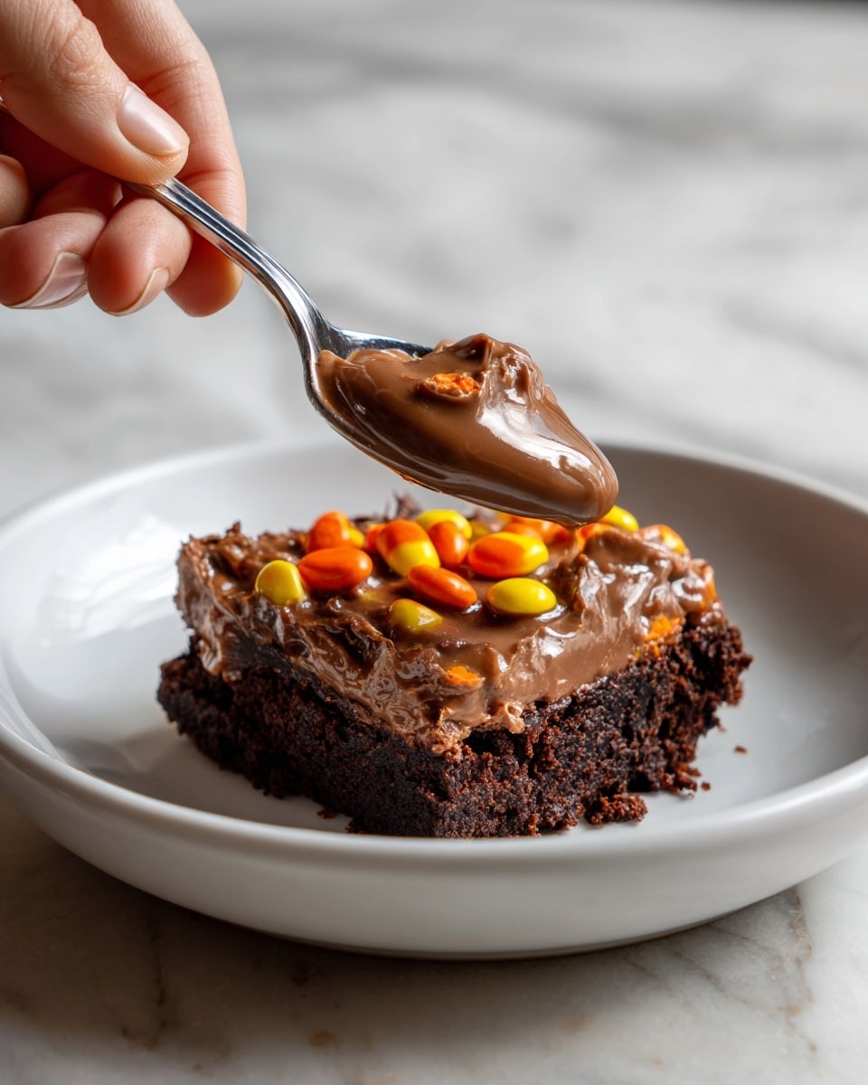 A close-up of a silver spoon held by a woman's hand scooping a rich dessert from a white plate. The dessert has a thick dark brown brownie base with a rough texture, topped with a smooth layer of creamy melted milk chocolate that is shiny and glossy. Small pieces of bright orange and yellow candy are scattered on the chocolate layer, adding color contrast. The background shows a white marbled surface with a soft focus, making the dessert the main focus. photo taken with an iphone --ar 4:5 --v 7