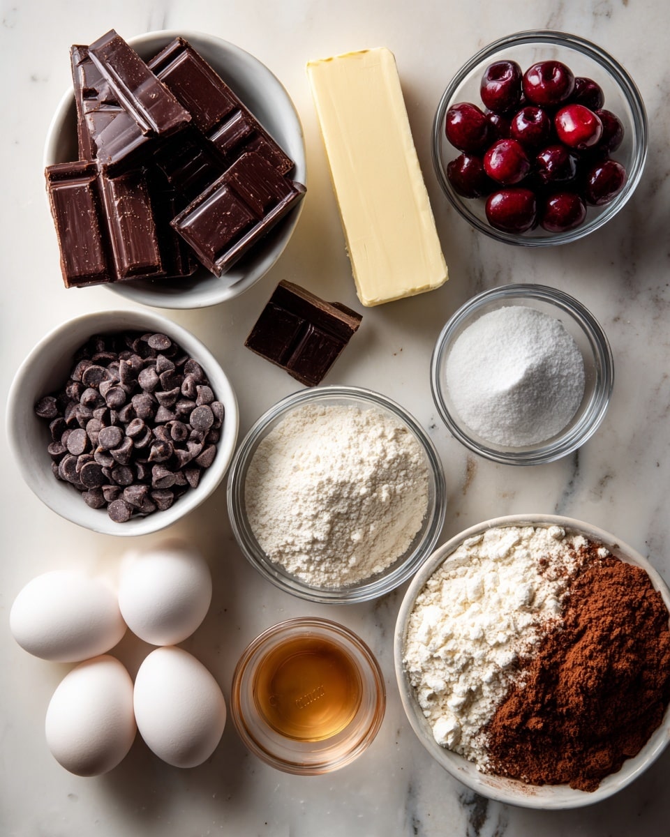 The image shows a flat top view of various baking ingredients arranged neatly on a white marbled surface. There is a medium white bowl with large pieces of dark chocolate on the top left, a white rectangular stick of unsalted yellow butter near the top center, and a small clear bowl of dark red cherries to the top right. Below the butter, there is a small clear bowl with white powder, and next to the cherries is a metal measuring cup filled with dark chocolate chips. At the bottom left are two white eggs side by side and a clear square container filled with white sugar. To the bottom right, a white metal mixing bowl holds two layers of dry ingredients; one side with white flour and the other with light brown cocoa powder. A small round clear bowl in the middle contains a light brown liquid. The lighting is soft and natural, creating gentle shadows under the items. Photo taken with an iphone --ar 4:5 --v 7