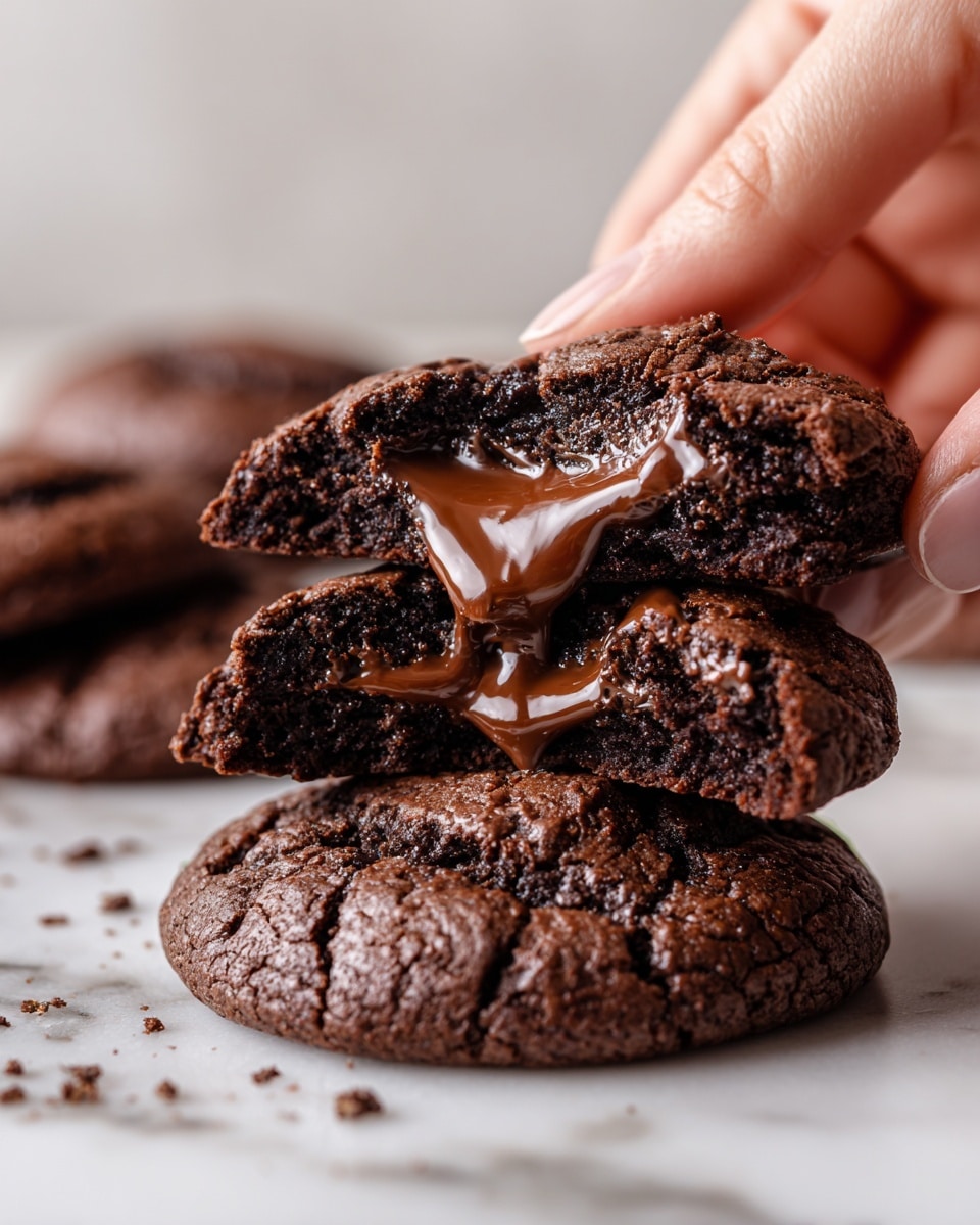 The image shows a close-up of a dark chocolate cookie broken in half by a woman's hand, revealing melted milk chocolate inside. The cookie looks soft and rich, with a rough, slightly cracked texture on the outside. The melted chocolate is glossy and flowing, creating a shiny contrast with the dark cookie. In the background, there are more dark chocolate cookies, some intact, placed on a white marbled surface. Photo taken with an iphone --ar 4:5 --v 7
