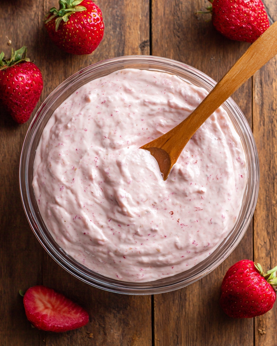 A clear round glass bowl filled with a thick, light pink creamy yogurt that has small specks of strawberry mixed in, with a wooden spoon partially dipped into it on the right side. The bowl sits on a wooden surface with three bright red strawberries around it—two whole near the top right and one half strawberry at the bottom left. To the left side of the bowl, part of a white tray with small sections filled with different dry snacks like cereal and chips is visible. The photo conveys a fresh and natural feel with close-up detail. Photo taken with an iphone --ar 4:5 --v 7