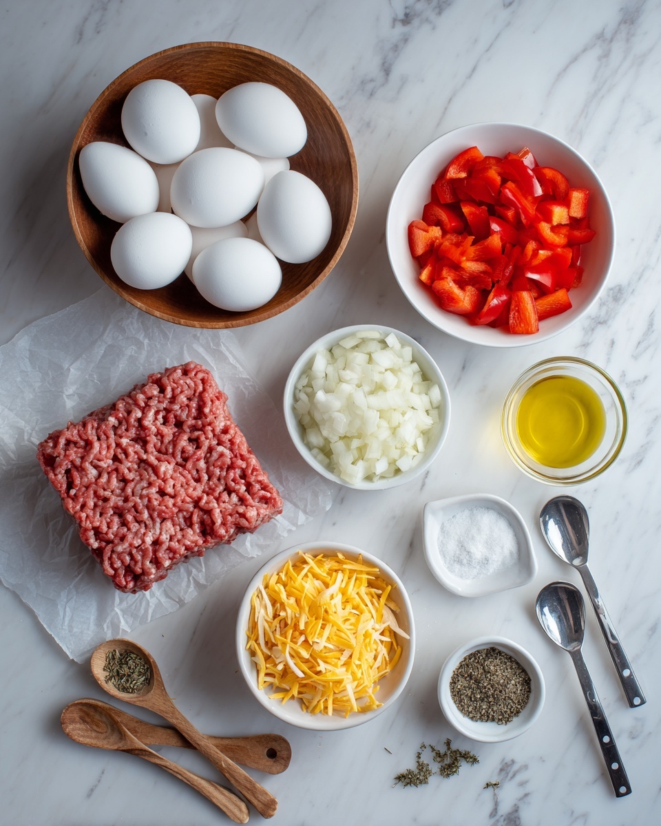 A flat lay of cooking ingredients on a white marbled surface, including a wooden bowl filled with seven white eggs at the top center, a white bowl with chopped red bell peppers on the top left, a square block of raw ground meat on parchment paper in the center, a small white bowl with yellow shredded cheese on the bottom right, a clear small bowl with chopped white onions next to it, a small white bowl with yellow oil to the far right, two silver measuring spoons filled with black pepper and garlic powder to the right near the meat, and two wooden spoons holding salt and dried herbs at the bottom left. Photo taken with an iphone --ar 4:5 --v 7