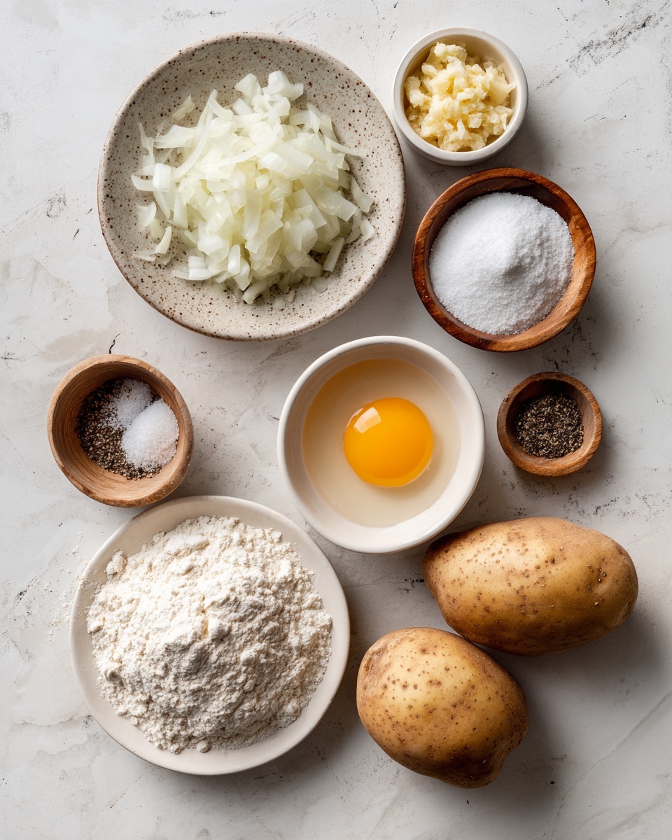 Two whole brown potatoes lay on a white marbled surface, surrounded by small white bowls and a small rustic plate with various ingredients. One small white bowl holds a clear raw egg with a bright yellow yolk in the center. Nearby is a small white bowl filled with minced white onions. A small white bowl contains a pale yellow powder, and a light beige small plate holds white flour. Two small wooden bowls hold coarse black pepper and white salt. The arrangement is neat and balanced, with each ingredient clearly visible, placed on a light and rough textured white marbled surface. photo taken with an iphone --ar 4:5 --v 7