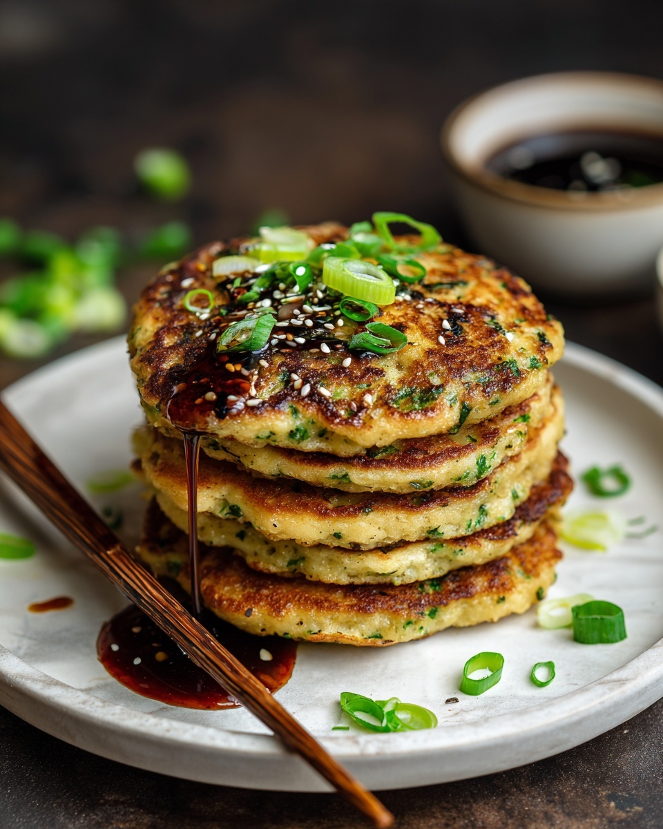 A stack of five golden-brown pancakes sits centered on a white plate with a white marbled texture underneath. Each pancake shows a crispy texture with bits of green herbs scattered inside, giving extra color. On top, thin slices of green onion rings decorate the stack. Around the plate, more chopped green onions, sesame seeds, and small drops of dark soy-based dipping sauce create an inviting scene. A pair of wooden chopsticks gently hold the edge of the bottom pancake, dipping into the dark sauce. The background is dark, making the stack stand out clearly. Photo taken with an iphone --ar 4:5 --v 7
