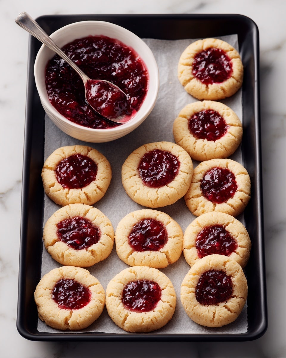 The image shows a black baking tray lined with parchment paper, holding twelve round thumbprint cookies evenly spaced in rows. Each cookie is light golden and slightly cracked around the edges, with a deep red, chunky jam filling pressed into the center. Above the tray, there is a small white bowl filled with the same red jam, and a silver spoon resting inside the bowl. The background is a white marbled texture. photo taken with an iphone --ar 4:5 --v 7