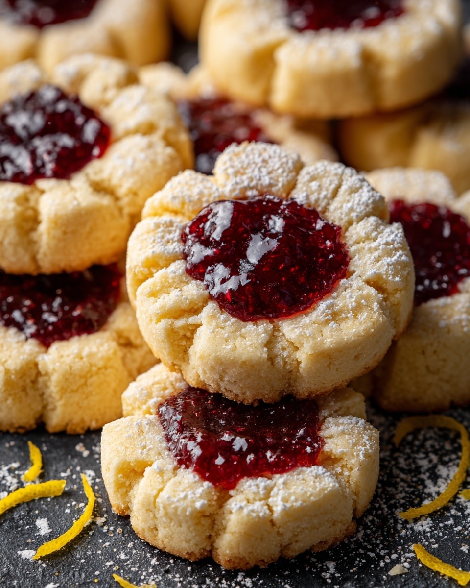 The image shows several round cookies with a flower-like shape, each with a deep red jam filling in the center. The cookies are pale yellow and have a soft, crumbly texture with cracks on the edges. The jam in the center is shiny and has a thick, slightly bumpy surface. Some cookies are dusted lightly with white powdered sugar, and there are thin yellow lemon zest strips scattered around on the dark surface beneath them, which has been changed to a white marbled texture. The cookies are stacked and close together, showing layers of jam and cookie clearly. photo taken with an iphone --ar 4:5 --v 7