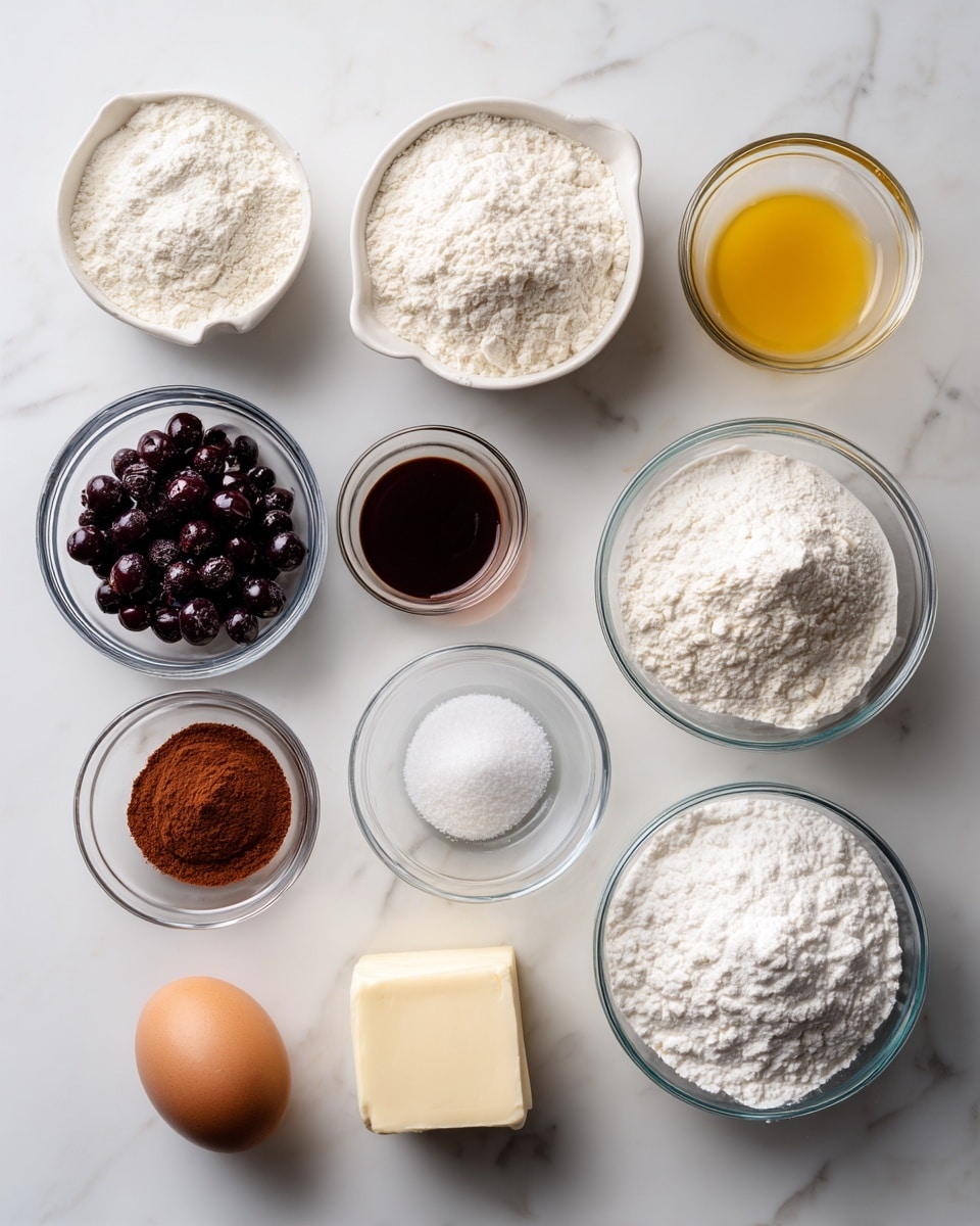 The image shows eleven small white bowls and clear glass bowls arranged neatly on a white marbled surface. The top three bowls hold white flour, white milk, and yellow melted butter, from left to right. Below them are smaller glass bowls containing brown cinnamon powder, vanilla extract, and white powdered sugar. On the left side near the bottom is a white bowl filled with dark purple frozen blueberries. Next to it is a glass bowl with white baking powder and a clear glass bowl with white salt. At the bottom are a glass bowl with a small square of pale yellow butter, a whole brown egg, and a white bowl with powdered white sugar. The lighting is bright and natural, enhancing the colors and textures of the ingredients. Photo taken with an iphone --ar 4:5 --v 7
