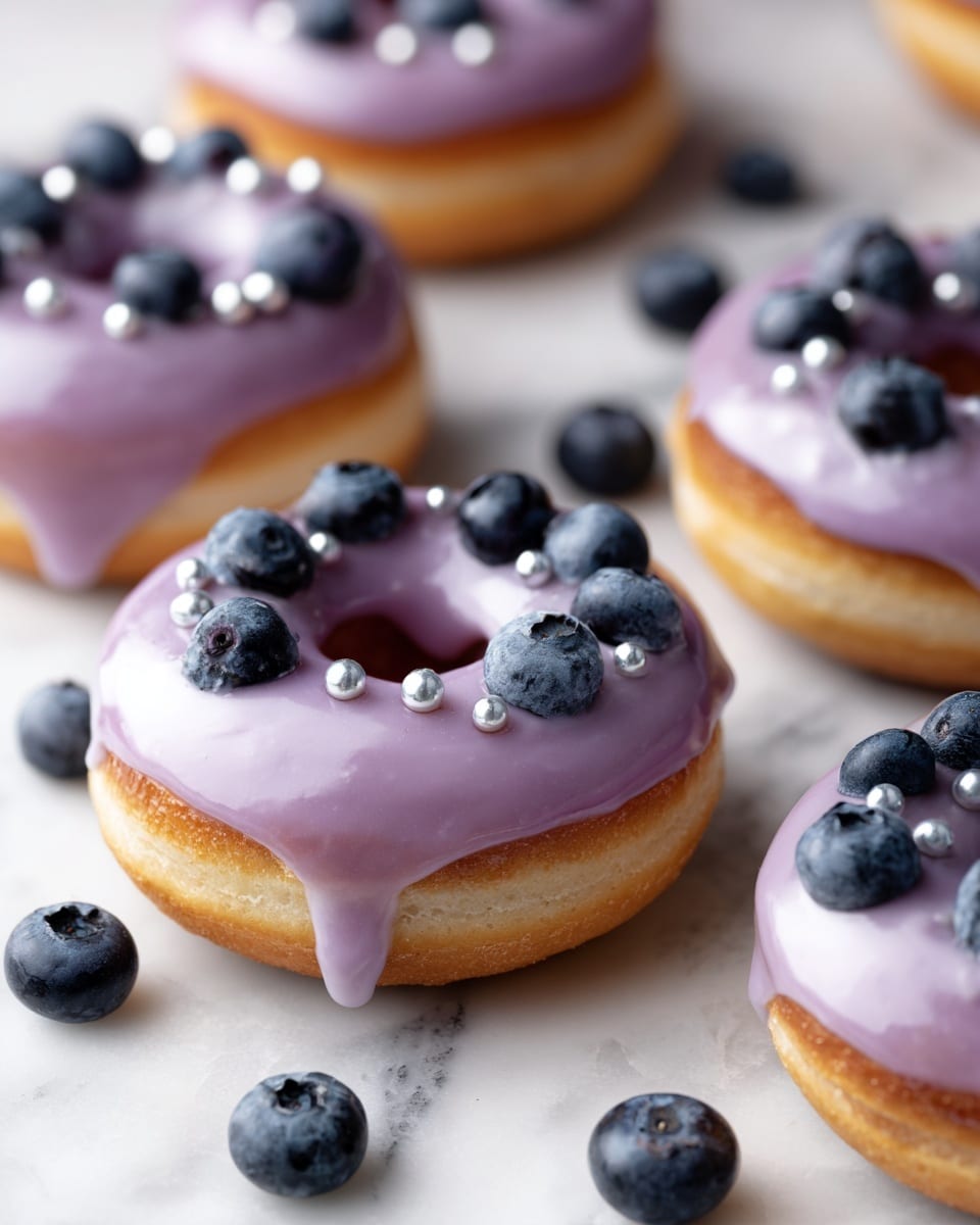 The image shows several small round donuts with a light golden-brown base layer. Each donut has a smooth, glossy light purple icing layer on top that drips slightly down the sides. Fresh blueberries and small shiny silver beads are scattered on the icing, creating texture and color contrast. A few blueberries also lie on the white marbled surface around the donuts. The whole scene is softly lit and close up, highlighting the smooth and moist texture of the donuts and the fresh blueberries. Photo taken with an iphone --ar 4:5 --v 7