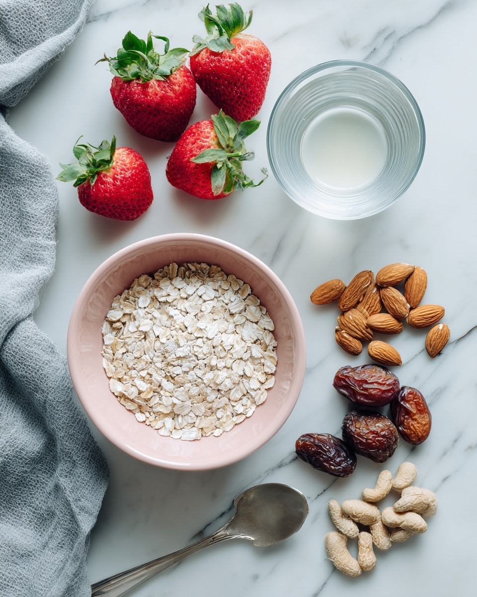 The image shows a pink bowl filled with small white grain flakes placed on a white marbled surface, surrounded by several ingredients. Above the bowl, there are five whole bright red strawberries with green leaves. To the right, there is a small pile of dried brown figs and a group of whole almonds. Next to these items, there are two clear glasses; one filled with a white liquid and the other with clear water. A silver spoon lies in the bottom right corner of the image on the white marbled surface. On the left side, a grey cloth is casually placed. photo taken with an iphone --ar 4:5 --v 7