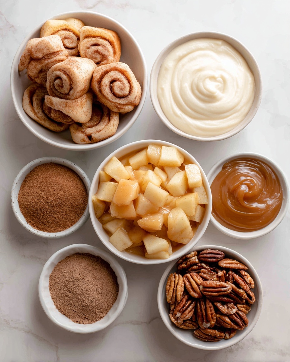 The image shows six white round bowls on a white marbled surface, each with different ingredients. At the top left, there is a bowl filled with small cinnamon roll shapes, light brown in color with a spiral pattern. To the right, there is a small bowl with creamy white sauce, smooth and thick. Next to it is a larger bowl filled with chopped cooked apple pieces in a light golden syrup, soft and shiny. At the top right, a bowl contains chopped pecans, dark brown with rough textures. On the bottom left, a bowl holds brown cinnamon powder, fine and dry. Moving right, two small bowls are filled with thick caramel sauce, glossy and rich in amber color. Photo taken with an iphone --ar 4:5 --v 7