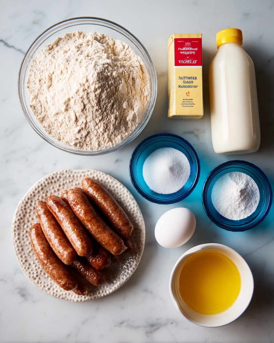 A clear glass bowl filled with beige flour sits on the left on a white marbled surface. To the right are three small blue glass bowls filled with white sugar, salt, and baking powder, arranged in a small cluster. Next to these is a yellow and white plastic bottle of buttermilk, standing upright, with a white egg and a red box of vanilla extract placed below it. At the bottom right, a glass with yellow melted butter is shown. In the bottom left corner, a white plate with a honeycomb pattern holds a pile of brown cooked sausages. Photo taken with an iphone --ar 4:5 --v 7