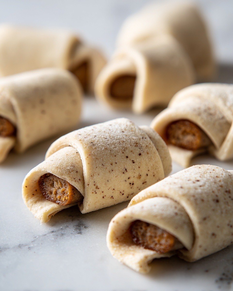 The image shows several small sausage rolls placed on a white marbled surface. Each roll consists of a light tan dough with small brown seeds or grains visible throughout. The dough is wrapped around a light brown sausage filling, with the ends of the filling showing outside the dough wrap. The sausage rolls are arranged loosely, not touching each other, and the texture of the dough looks soft but firm enough to hold the filling. The lighting highlights the slightly uneven texture of the dough and the natural colors of the sausage inside. photo taken with an iphone --ar 4:5 --v 7