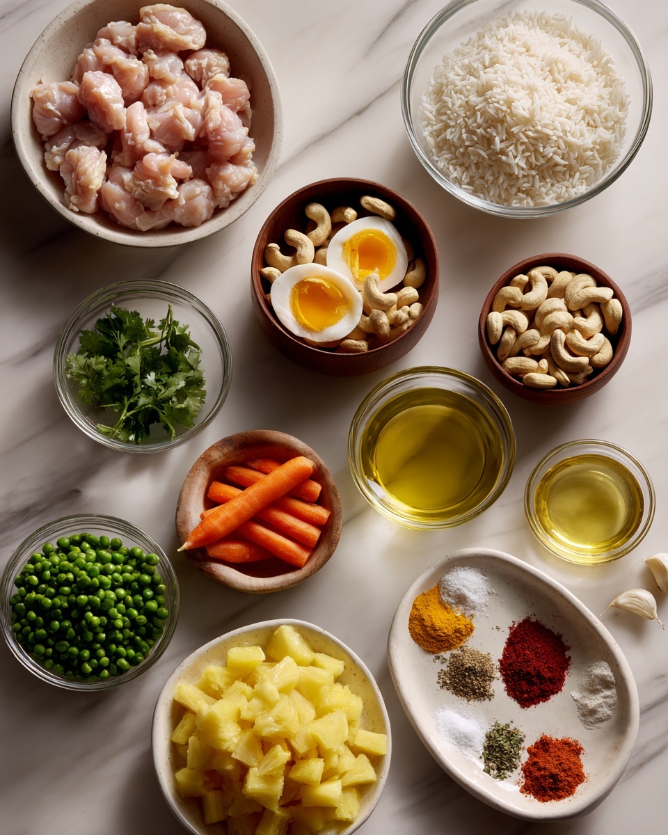 The image shows many small bowls and plates arranged on a white marbled surface, each containing different ingredients. At the top left is a white bowl with raw, light pink chicken pieces. Next to it is a glass bowl filled with white cooked rice. Below the chicken bowl is a glass bowl holding two raw eggs with bright orange yolks. Below the rice bowl is a white bowl with orange carrot sticks and green peas. To the right of this bowl is a tiny brown bowl full of whole cashew nuts. Above the cashews is a small bowl with green cilantro leaves. To the right is a glass bowl containing light yellow oil. In the lower part of the image is a white bowl of chopped yellow pineapple pieces. Near the bottom right is a white plate with small amounts of various colorful spices including red, beige, and white powders, as well as a red sauce. There are also small clear or brown bowls with different liquids and two white cloves of garlic in one small wooden bowl. All items are neatly spaced with soft natural light, photo taken with an iphone --ar 4:5 --v 7