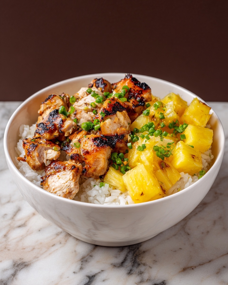 A white bowl filled with three clear layers is shown; the bottom layer is made of soft white rice, the middle layer has grilled chicken pieces with a light brown glaze and some char marks, and the top layer consists of bright yellow pineapple chunks. The bowl is garnished with small but vibrant green chopped scallions sprinkled evenly across the chicken and pineapple. The bowl sits on a white marbled surface with a simple dark brown background. photo taken with an iphone --ar 4:5 --v 7