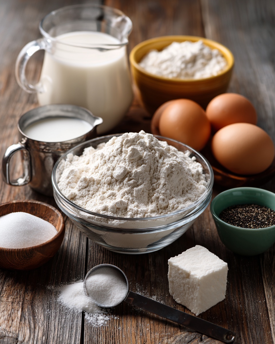 A clear glass bowl filled with white flour placed near three brown eggs and a small yellow bowl containing black pepper sits on a wooden surface. To the left, there is a clear measuring cup with milk inside, in front of a metal measuring cup filled with white sugar. Nearby are a small wooden bowl with white salt, a small green bowl containing dry yeast, and a small white cube of fresh yeast. The items are arranged closely together with visible textures of flour, sugar crystals, and grainy yeast. Photo taken with an iphone --ar 4:5 --v 7