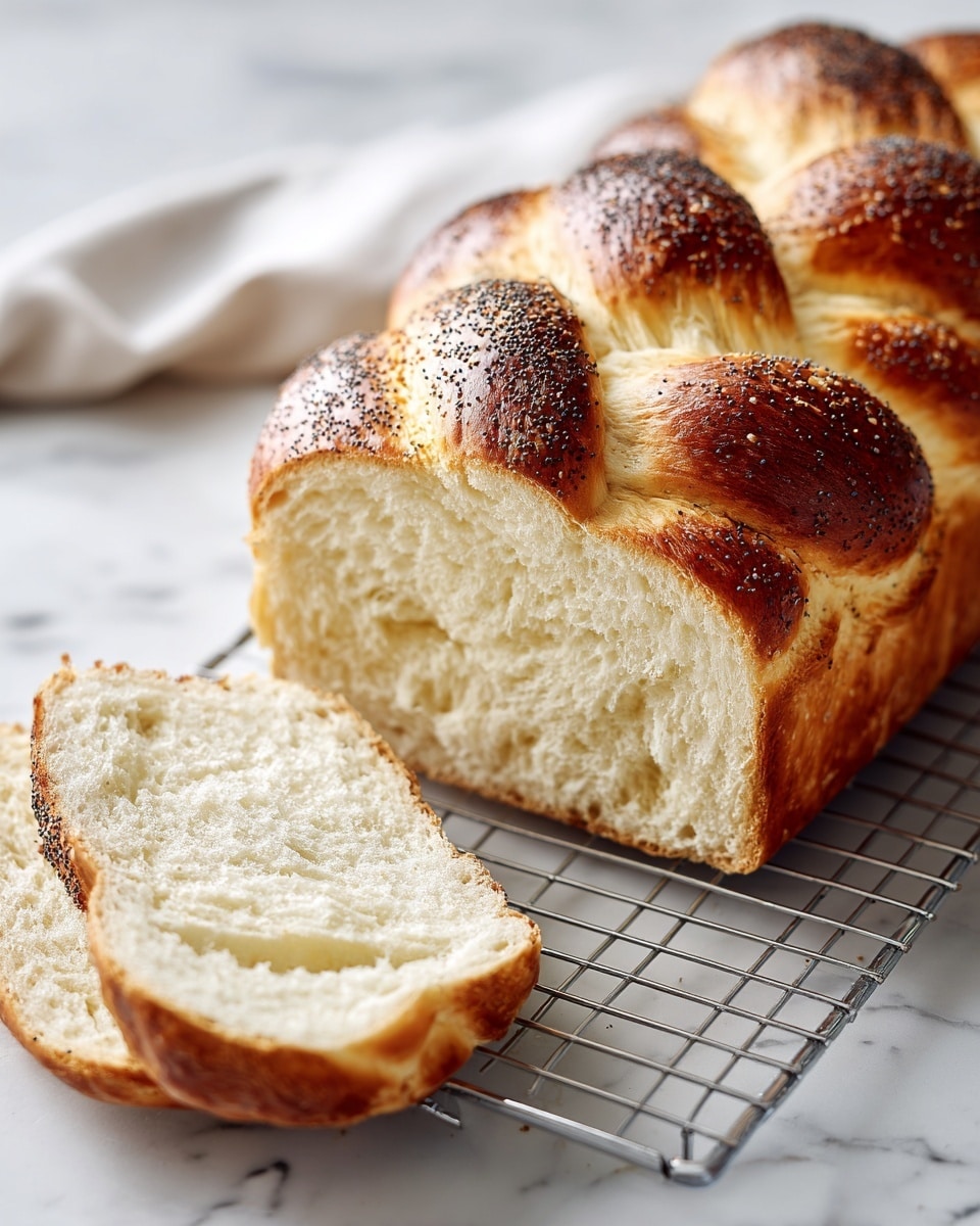 A loaf of braided bread is shown resting on a metal rack with a close-up on the soft, fluffy inside of a slice and the main loaf. The bread’s crust is golden brown with poppy seeds sprinkled on top, and the inside is pale cream with a light, airy texture. The braided shape gives the loaf a rounded, plump appearance. A single slice is placed next to the loaf, showing a uniform texture running through the soft interior. The whole scene is set on a white marbled surface in soft natural light. photo taken with an iphone --ar 4:5 --v 7