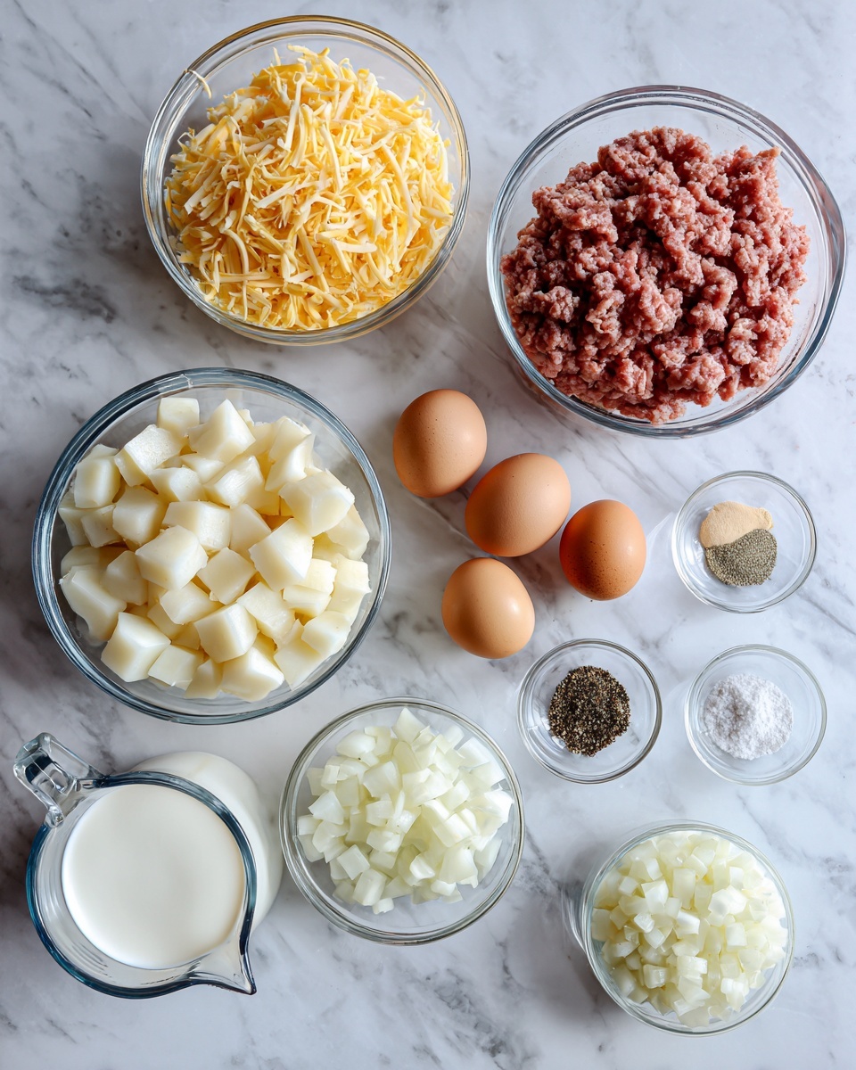 The image shows a top-down view of several clear glass bowls and a measuring cup on a white marbled surface. The largest bowl, positioned at the bottom center, is filled with small white potato cubes. Above it to the left is a bowl filled with shredded yellow cheddar cheese, and next to it on the right is a bowl with raw ground meat, having a pinkish color mixed with white bits. To the right of the meat bowl is a bowl holding five brown eggs. Below the meat bowl, to the right of the potato cubes, is a smaller bowl filled with diced white onions. Around these are four tiny clear bowls arranged in a loose arc containing black pepper, salt, and two pale powdered spices, placed near the onion cubes and eggs. A transparent measuring cup filled with milk is placed to the bottom left. All items are evenly spaced on the white marbled surface. Photo taken with an iphone --ar 4:5 --v 7