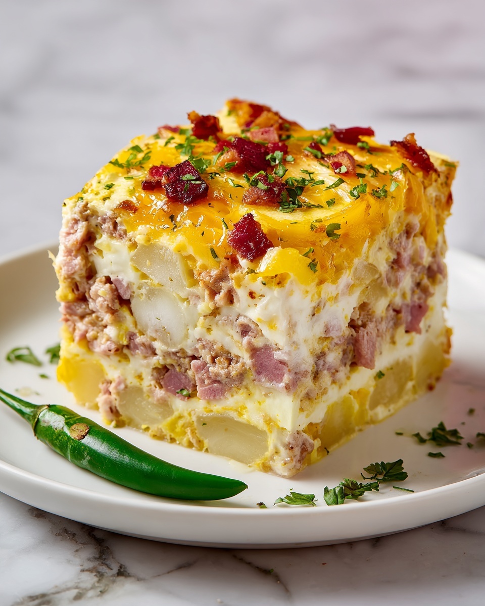 The dish shows a close-up of a thick, layered casserole with three visible layers: the bottom layer is light yellow, creamy and smooth, likely eggs or cheese base; the middle layer has small chunks of pink meat and shredded white potatoes scattered throughout; the top layer is melted golden yellow cheese with bits of cooked red meat and sprinkled green herbs, giving a slightly glossy texture. The food is served on a white plate with a small piece of green chili pepper and herbs beside it, all set on a white marbled surface. Photo taken with an iphone --ar 4:5 --v 7