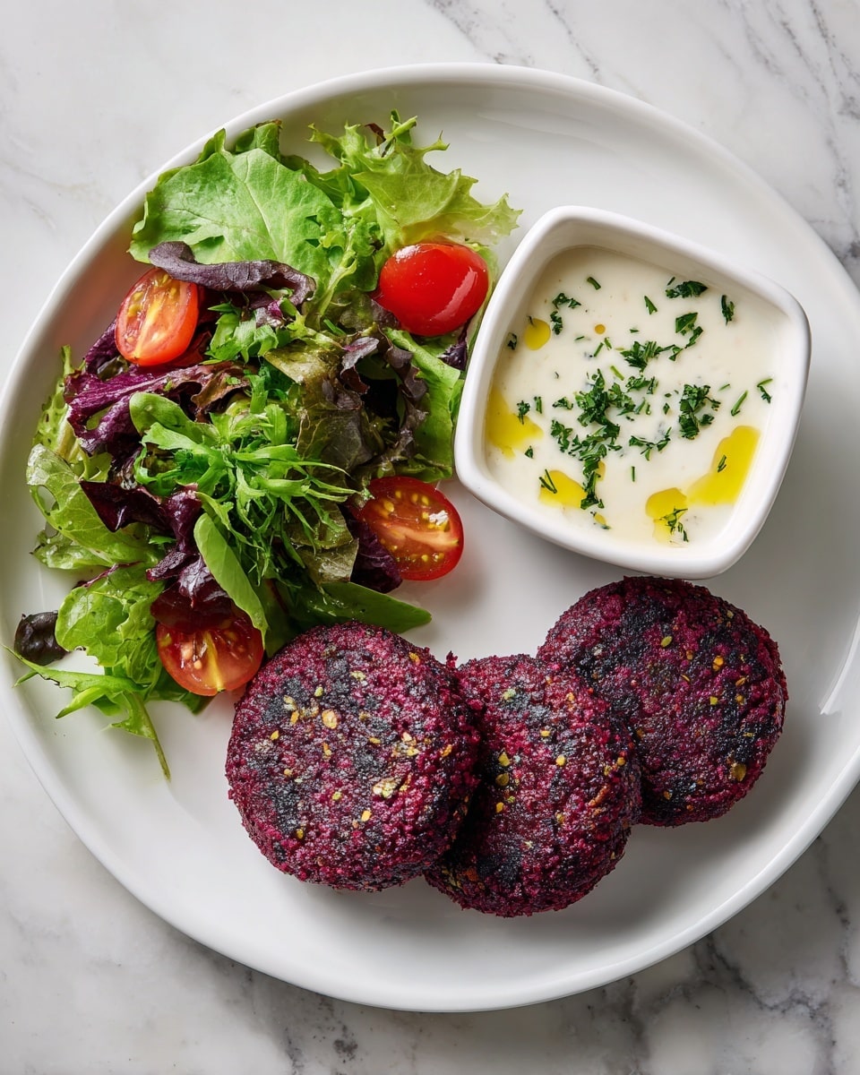A round white plate with three deep purple patties arranged on the right side, showing a textured surface. On the left side, there is a small square bowl filled with white creamy sauce topped with olive oil and sprinkled with green herbs. Next to the bowl, there is a fresh salad consisting of light and dark green leafy vegetables and halved red cherry tomatoes. The plate rests on a white marbled surface. Photo taken with an iphone --ar 4:5 --v 7