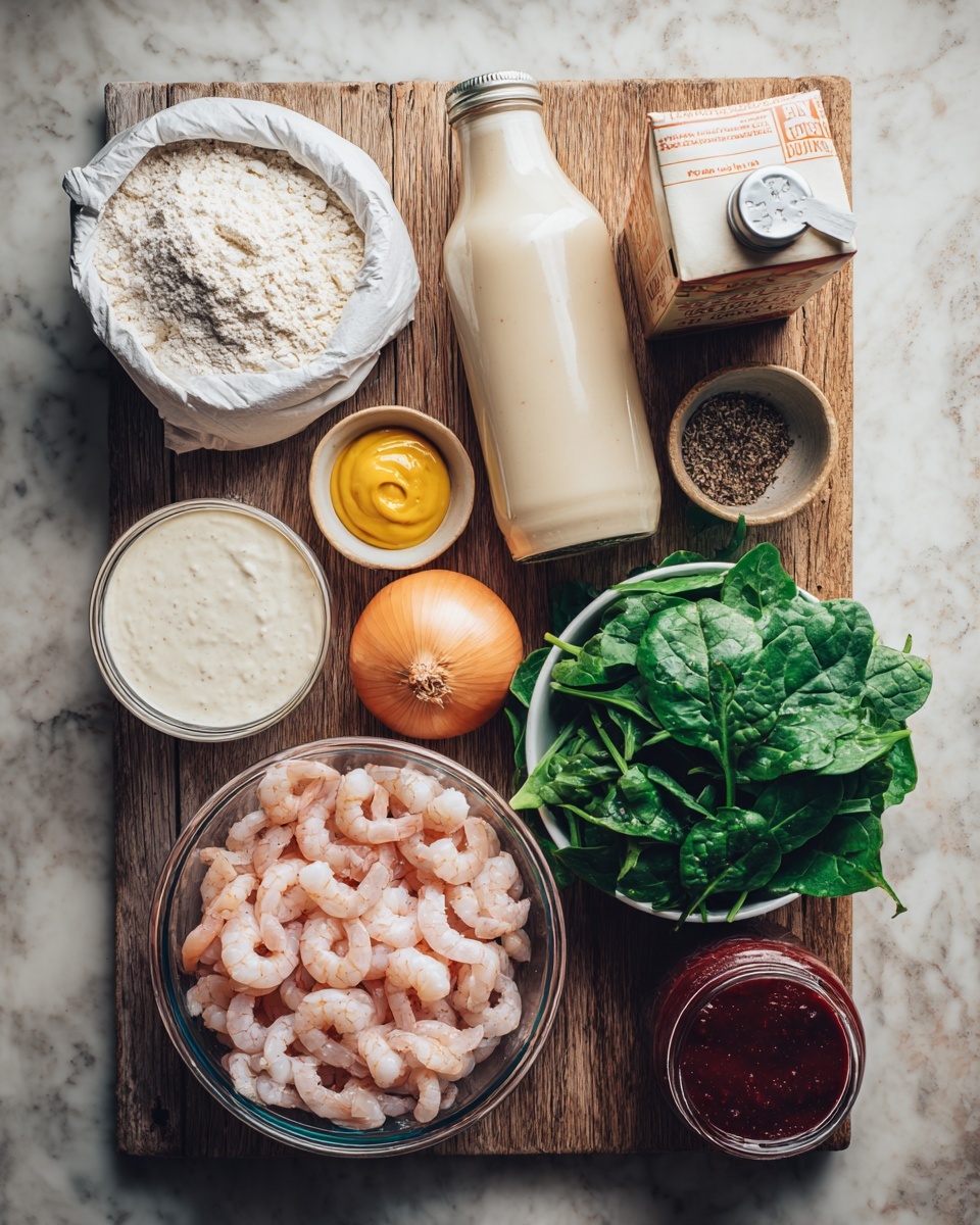 A wooden table with various cooking ingredients neatly arranged on it, including a bag of flour, a carton of plant-based milk, a tall glass bottle of light sauce, an orange onion, a bowl of creamy white sauce, a small bowl of black pepper, a yellow bottle of mustard, a bunch of fresh green leafy spinach, a glass bowl full of raw pink shrimp, and a jar of dark red sauce; the ingredients are spread out to fill the frame evenly, with a subtle natural light highlighting the colors and textures, all placed on a white marbled texture surface photo taken with an iphone --ar 4:5 --v 7