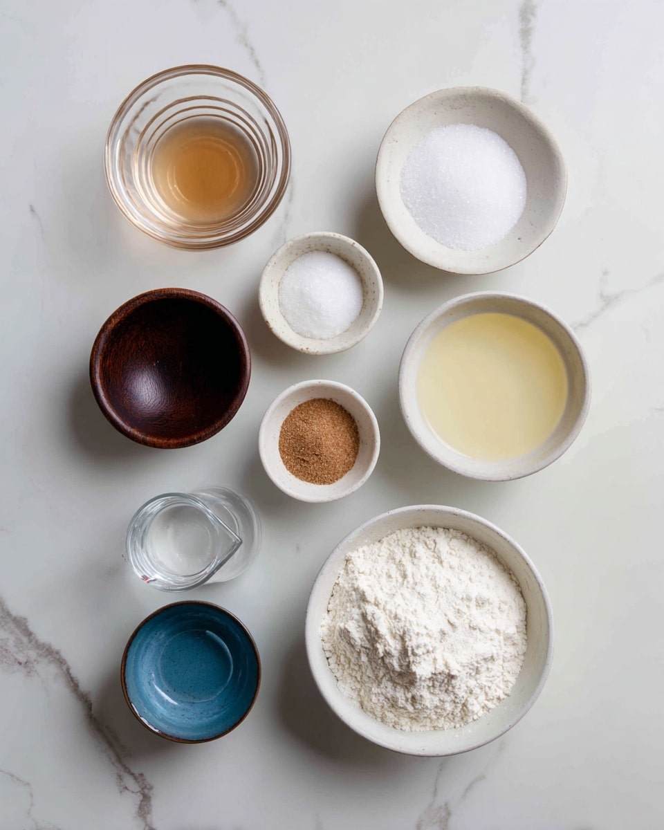 The image shows eight small bowls and a clear measuring cup arranged on a white marbled surface. The top row has three bowls: a clear one with a light brown liquid, a small white bowl with a white powder, and an empty clear bowl. Below them, there is a dark wooden bowl with some salt, a white bowl with a brown powder, and a white bowl with a white granular substance. At the bottom, there is a white bowl filled with white granulated sugar, a white bowl with a light yellow liquid, and a blue bowl holding white flour. The clear measuring cup contains water and is placed towards the lower left side. Photo taken with an iphone --ar 4:5 --v 7